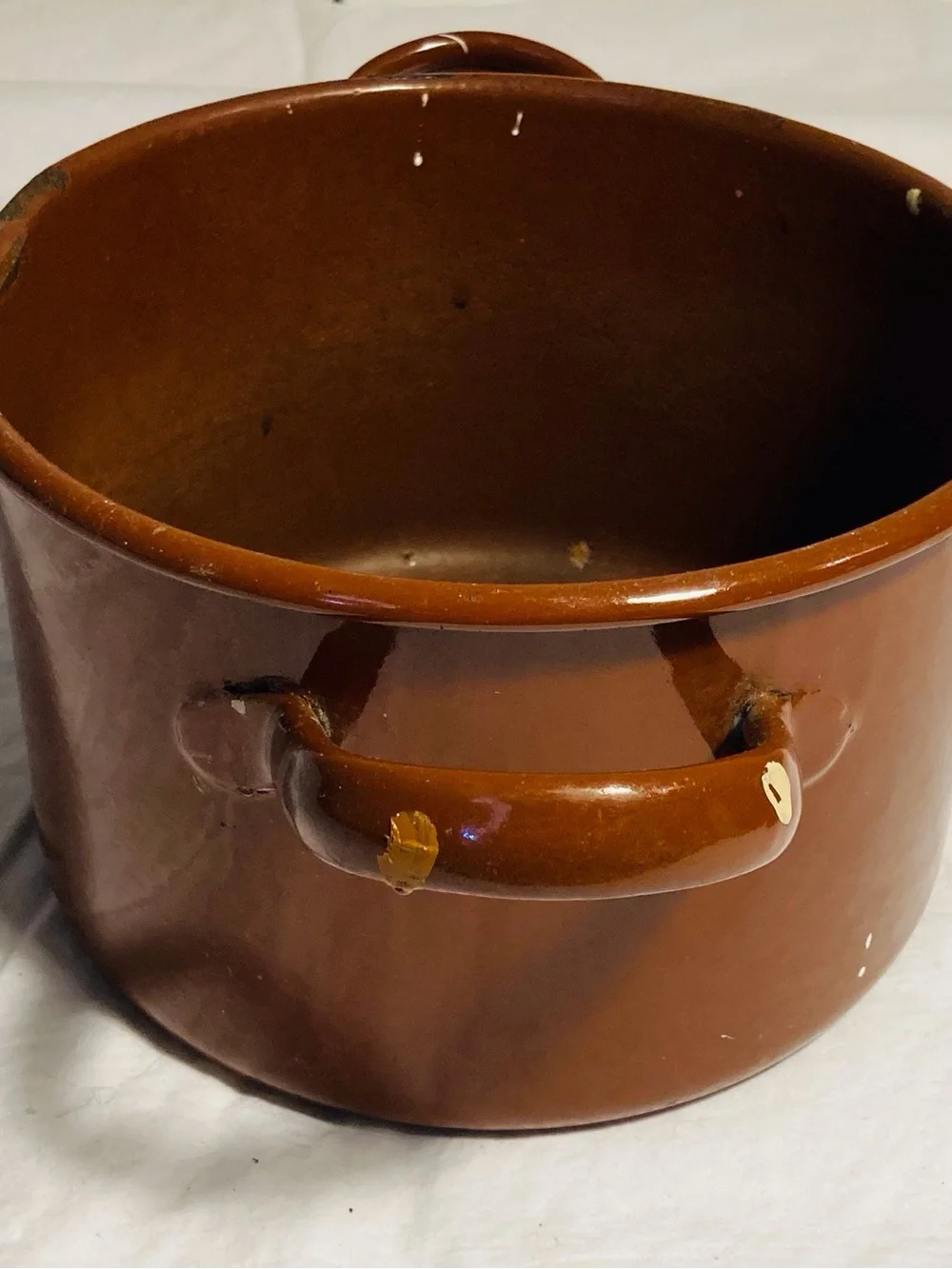 Vintage large enamelware pot in chocolate brown two handles artist paint studio
